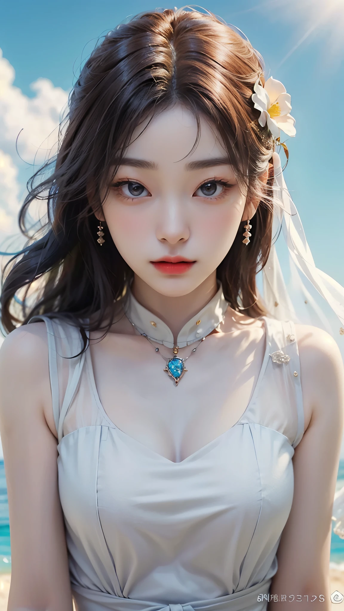 (masterpiece), (top quality), (highly detailed), (illustration), (1girl), looking at the viewer, (interview), beautiful detailed eyes, delicate and beautiful face, floating, (high saturation), (shining), uniform, blue sky, bright and beautiful face, the skin is young, shining, fair and shining, the best appearance, very beautiful, big eyes shining with transparent sky blue light, beautiful and wonderful beautiful girl, white translucent dress