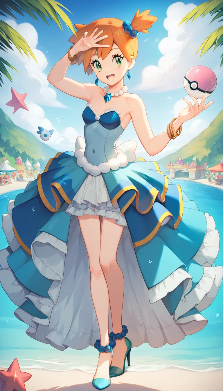 (Misty_Pokemon) 4k, 8k, high quality,
(Berry Short,Orange Hair,one side up hair,Big green eyes,Small breasts,Skinny) Ball Gown: This is a dress exclusive to Pokémon Contests, introduced in the sixth generation of the video games. It is a Japanese idol dress with pastel and bright blue colors, decorated with various ornaments such as pearls, diamonds or starfish. It is a beautiful dress that represents the sea.. It includes a bow,  high heels, and a golden bracelet to Mega Evolve .Dress in blue tones, beautiful shiny dress, masterpiece, best quality