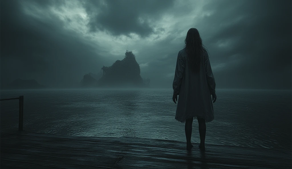 Dr. Evelyn Kane standing alone at the edge of a dock, the water now calm but ominous. The sea is black and still, with strange shapes that move beneath the surface. The sky is dark and filled with swirling clouds, as if the atmosphere itself is holding its breath