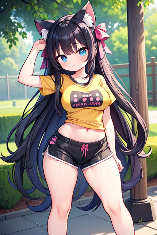 masterpiece, best quality, absurdres, very aesthetic, 1girl, (black hair, long hair, detailed hair, cat ears, Blue eyes, pink hair ribbons:1.2), (casual wear, yellow t shirt, pink shorts:1.2), (thin clothes, undersized clothes, taut clothes, stretched clothes, extremely tight clothes, skindentation:1.3), outdoors, (curvy, extremely slim waist, flat belly, gigantic breasts, bottomheavy, gigantic thighs, extremely wide hips:1.1)