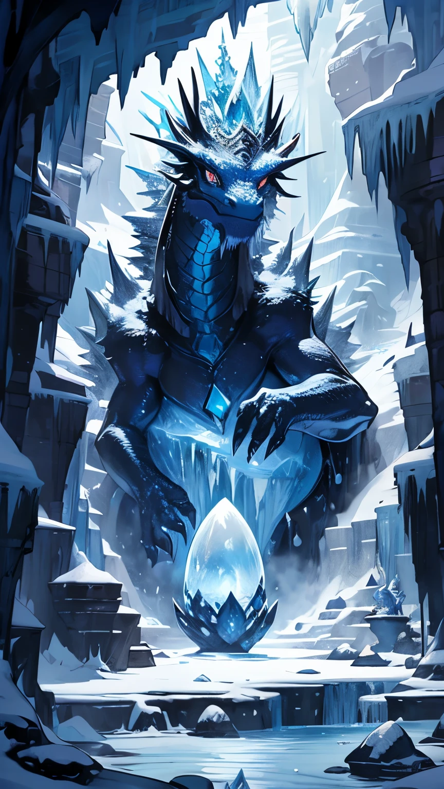 huge long-necked blue dragon , Deity,  wise dragon guarding a sapphire egg inside a huge cave with stalactites and cavernous lagoons, snow, ice, icy environment 