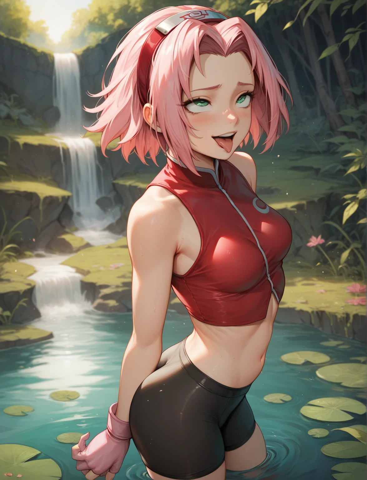 masterpiece, best quality, 1woman, 1girl, anime artworks, haruno sakura, pink hair, short, hair, green eyes, forehead, ((young female, sexy body, small breasts)), forehead protector, red shirt, sleeveless, bike shorts, shorts, black gloves, natural shading, lighting, showcase, ahegao, 8k uhd, outdoors, swamp, simple backround,