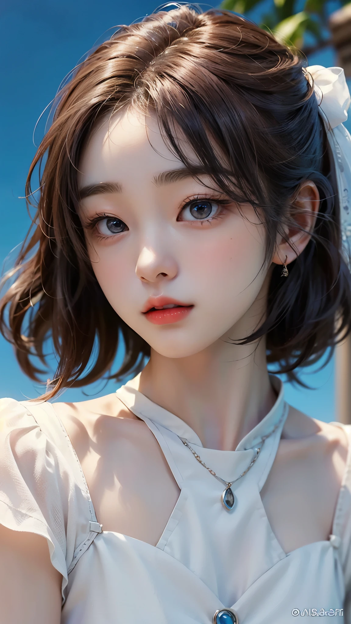 (masterpiece), (top quality), (highly detailed), (illustration), (1girl), looking at the viewer, (interview), beautiful detailed eyes, delicate and beautiful face, floating, (high saturation), (shining), uniform, blue sky, bright and beautiful face, the skin is young, shining, fair and shining, the best appearance, very beautiful, big eyes shining with transparent sky blue light, beautiful and wonderful beautiful girl, white translucent dress