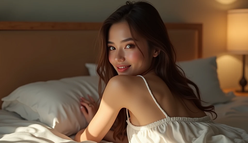 An intimate and cozy scene set in a softly lit bedroom, captured from a first-person point of view as if cuddling with a virtual girlfriend. The model is wearing comfortable and alluring sleepwear—a silky camisole and matching shorts—that accentuates her relaxed and natural beauty. She is lying on her side on a neatly made bed, facing the viewer with a warm, affectionate smile. Her body is close, her head resting gently on her hand, as if she’s about to lean in for a cuddle. The soft lighting casts a warm glow, enhancing the inviting, tranquil atmosphere. The background features a few personal touches, such as fluffy pillows, a warm blanket, and a soft bedside lamp casting a gentle light. The overall mood is one of warmth, comfort, and tender intimacy, evoking a sense of closeness and shared affection in this private, serene space
