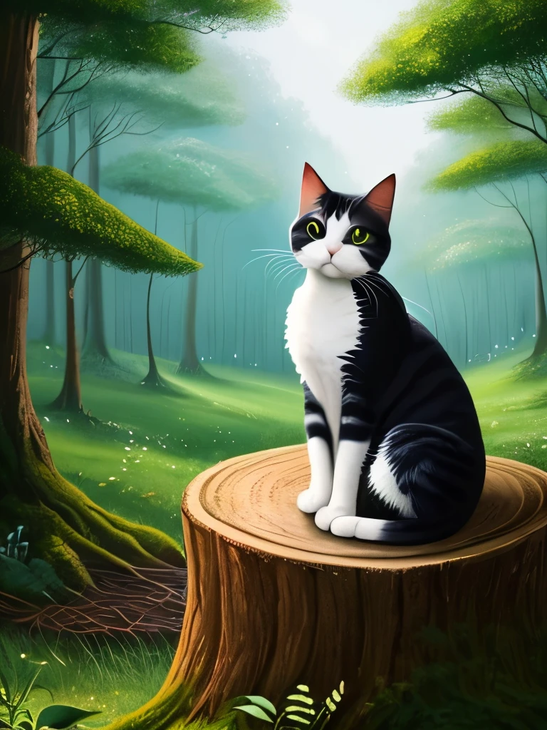 painting of a cat sitting on a tree stump in a forest, cat in the forest, sitting in a colorful forest, in a magical forest, in the magical forest, by Yang J, magical forest, detailed painting 4 k, magical colors and atmosphere, warrior cats fan art, dreamy art, wow it is beautiful, magical environment, jen bartel, warrior cats