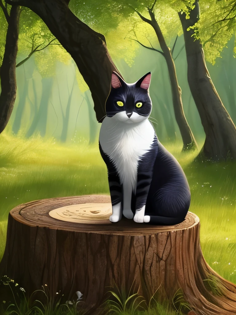 painting of a cat sitting on a tree stump in a forest, cat in the forest, sitting in a colorful forest, in a magical forest, in the magical forest, by Yang J, magical forest, detailed painting 4 k, magical colors and atmosphere, warrior cats fan art, dreamy art, wow it is beautiful, magical environment, jen bartel, warrior cats