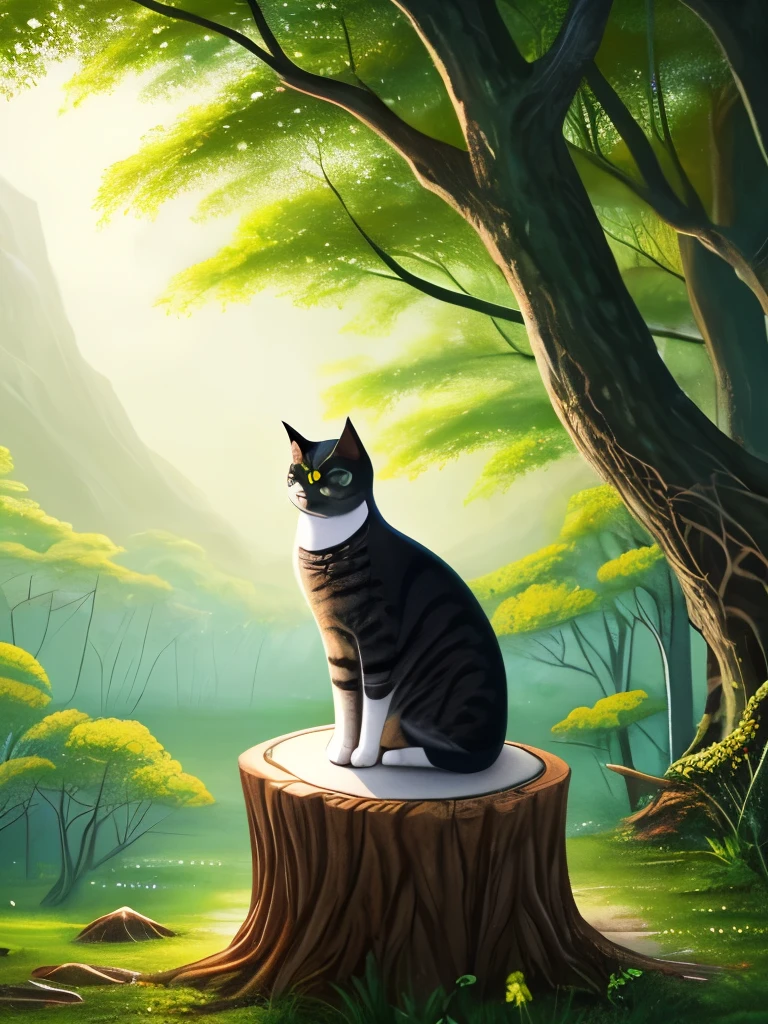 painting of a cat sitting on a tree stump in a forest, cat in the forest, sitting in a colorful forest, in a magical forest, in the magical forest, by Yang J, magical forest, detailed painting 4 k, magical colors and atmosphere, warrior cats fan art, dreamy art, wow it is beautiful, magical environment, jen bartel, warrior cats