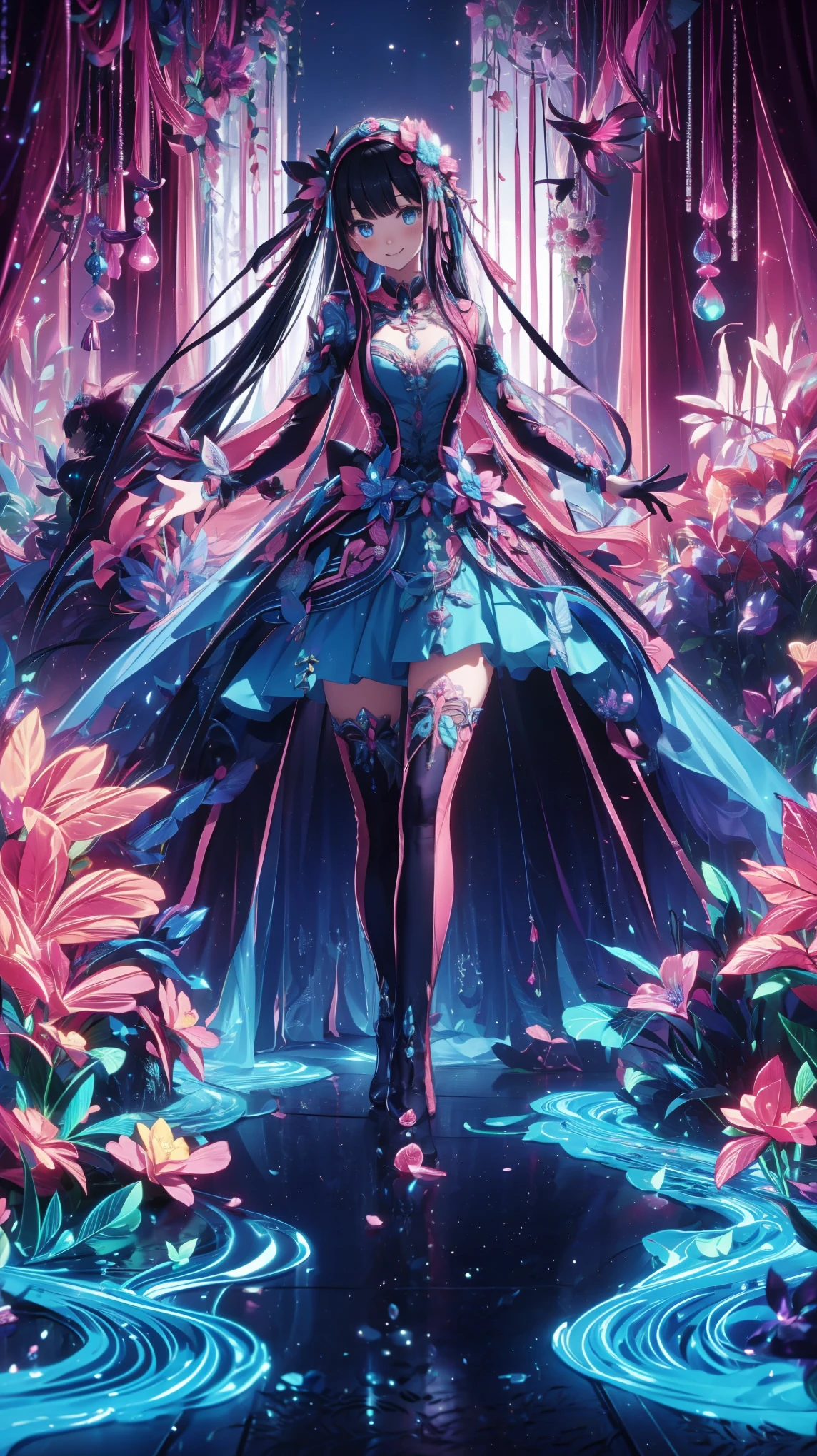 anime style、story、、 Beautiful Girl、とても cute天使、 pink gothic dress 、 cute、、 Smile、 Long skirt 、 black boots 、Very cute headband