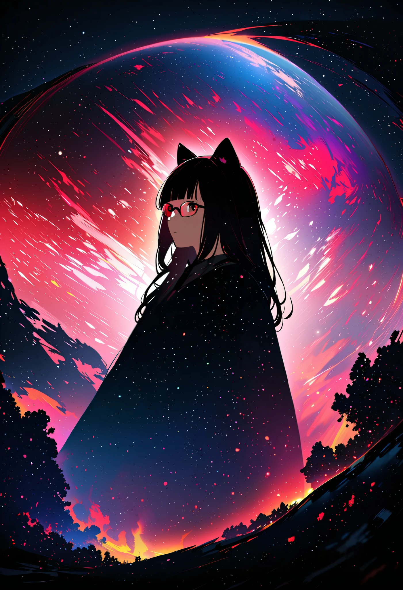 Silhouette of a female cat in profile .(by the median:1.3),  straight bangs , cat ears, red eyes, (((low-rim glasses:1.3))), (of 19:1.3), Inside the silhouette you can see the double exposure with a deep space, universe, Supernova explosion,  masterpiece, ((double exposure)), proportional.,double exposure

