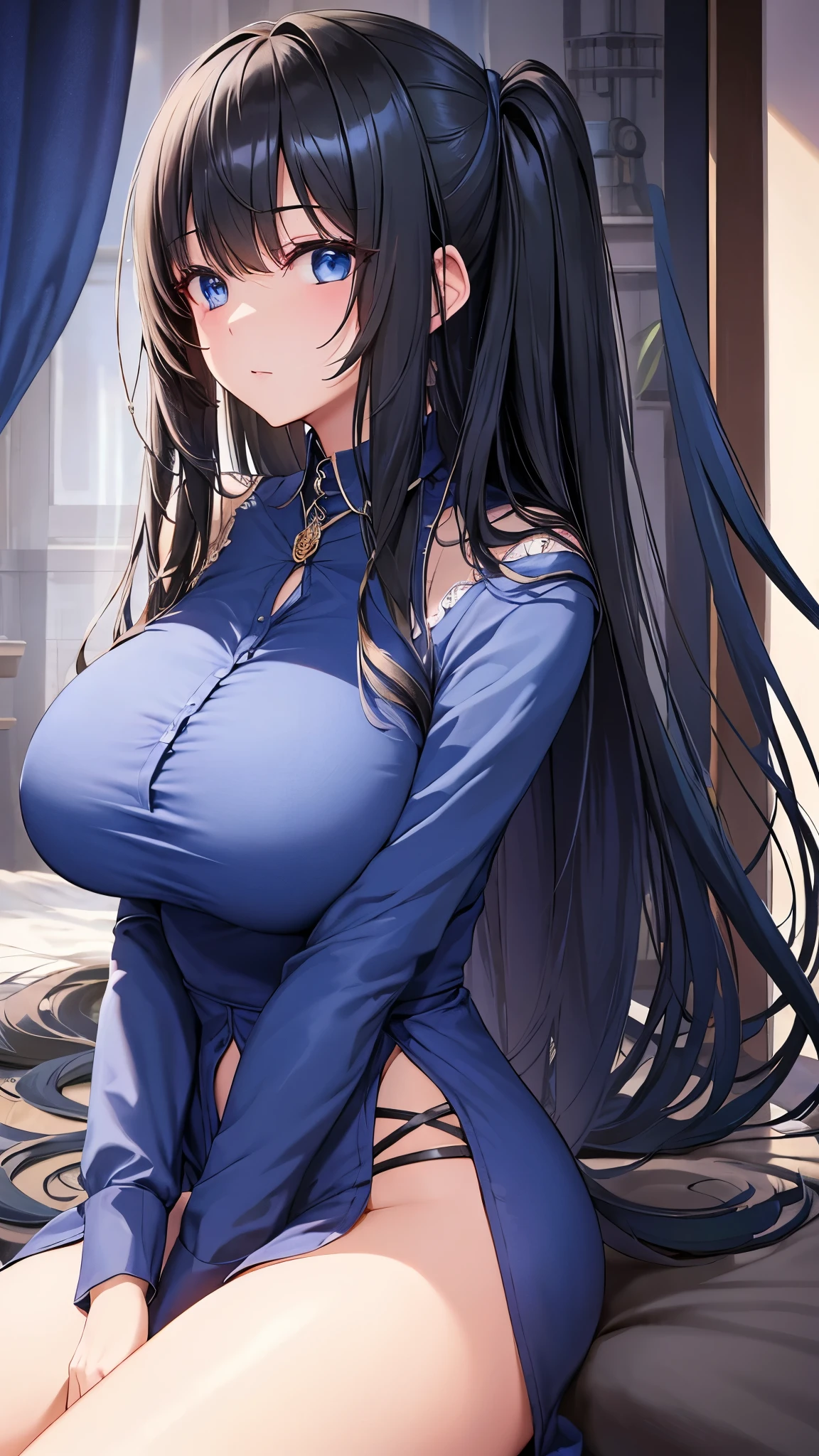 (Highest quality、Masterpiece、Very detailed、8K)、One Woman、18-year-old、Super big breasts、(Sideboob)、Virgin-killing sweater、((sitting cross-legged))、(((indian style)))、(sitting)、(((Beautiful armpits)))、(Pussy)