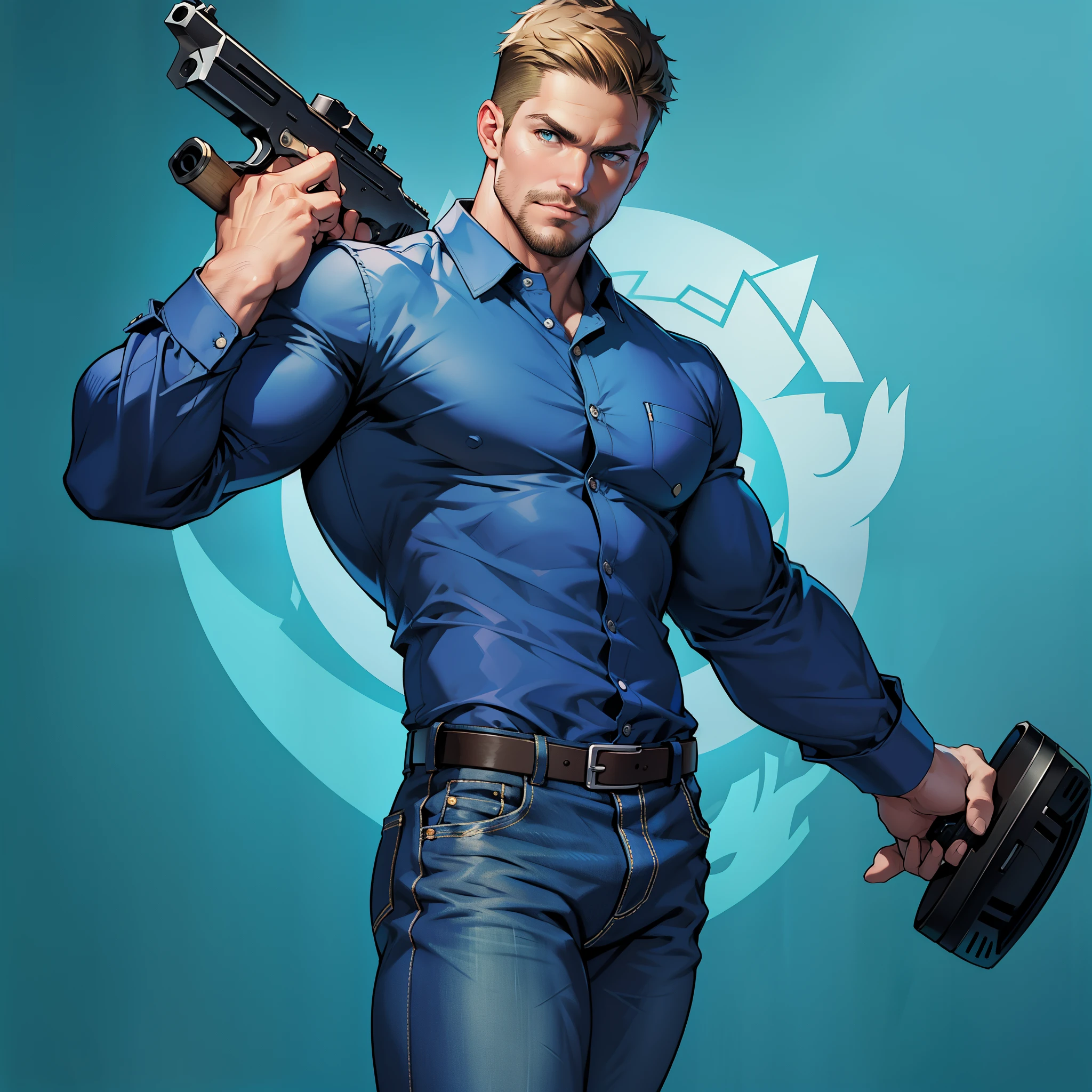 1 man, male focus solo,45 yo man,Stephen AMELL as private investigator, lean muscle, open blue shirt, marine blue jeans with brown belt ,( big bulge), full body shot, dark blond short hair, well groomed facial hair, holding a gun with one hand, , ultra high quality, masterpiece, ( ever changing background, blue and white and green arabesques lines in the blackground)