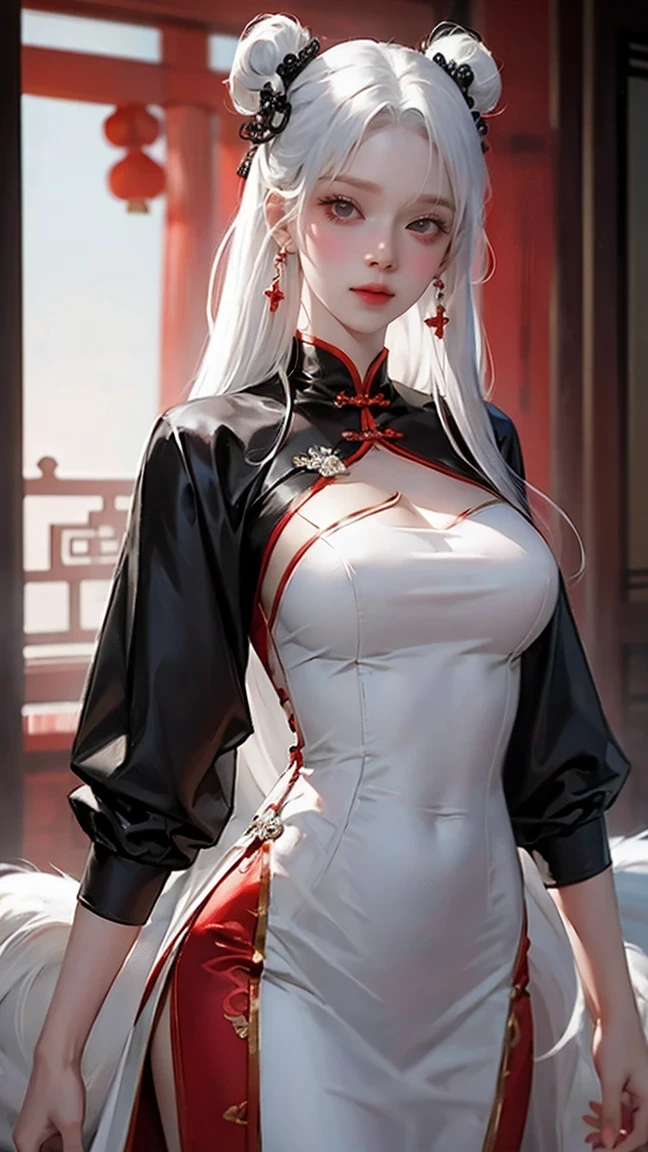 A woman with white hair and red eyes wearing a Chinese-style dress is a bit like an anime, that&#39;s Art ny And her clothes are a bit closed, she has a scarf or a cloak like that, so she wears a cloak like that so that it&#39;s a bit closed