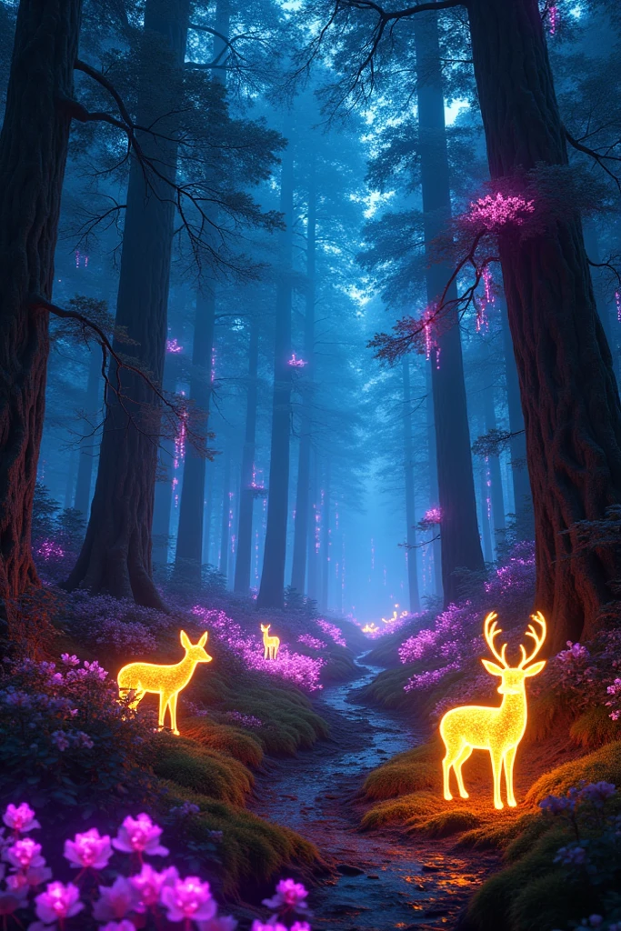 Forest with neon lights Fantasy - SeaArt AI