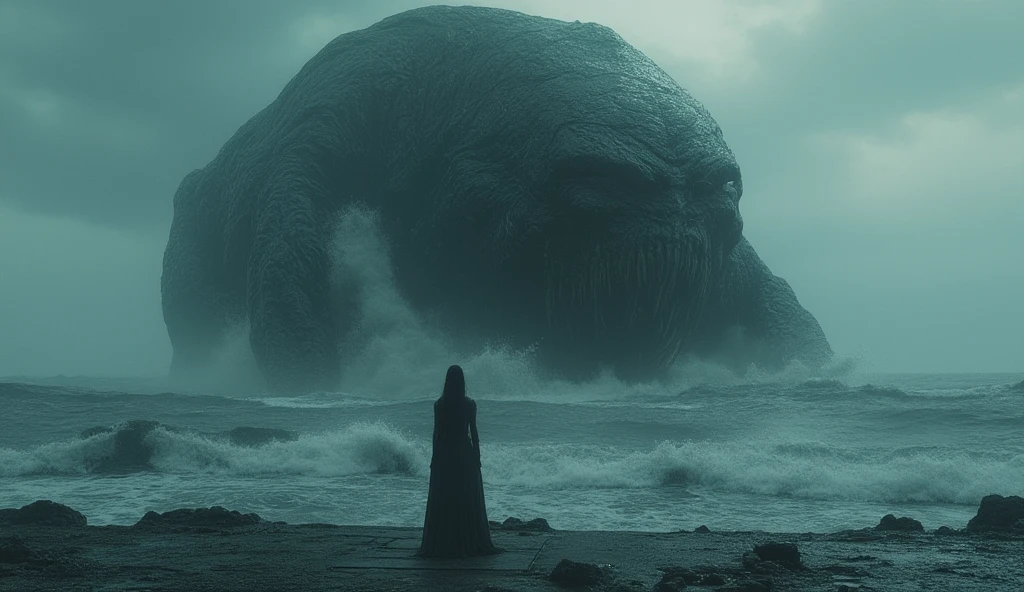 The creature from the depths begins to emerge from the water, its massive, formless shape partially rising from the ocean. Its features are barely discernible, but its presence is undeniable—something immense, dark, and ancient, covered in slimy, writhing tendrils. The sea churns around it, the waves crashing against its form as it breaks the surface. Evelyn stands on the edge of the dock, looking in terror as the creature’s massive shadow looms over her, its presence bending the very laws of nature.