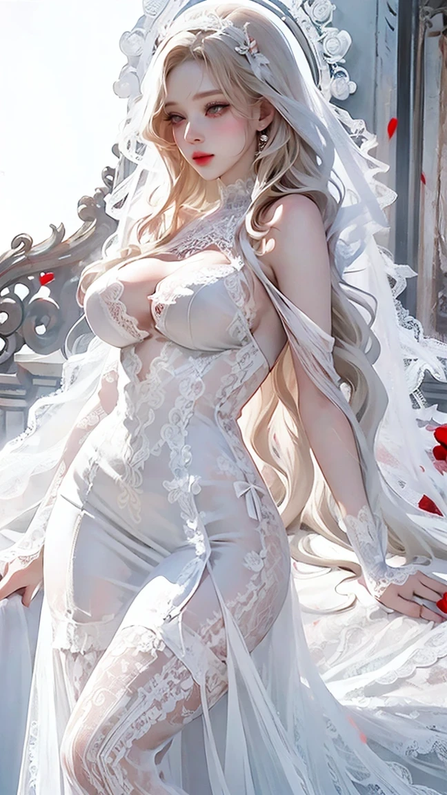  Watercolor Anime Comic Art Woman Vampire, Exquisite beauty,  full body shot , Dark Glamour Shot , Big Breasts, Pale skin, Blonde, Long Hair,  wavy hair in front of the station, Blood Red Lips , Glowing grey eyes, she (white lace  dress: 1.3) Exquisite, beautiful, half sheer  dress, ((white lace: 1.5))  dress ( intense details , masterpiece,  best quality: 1.2), the roses are imprinted on the  dress (black: 1.4)  high heels, Dark Castle