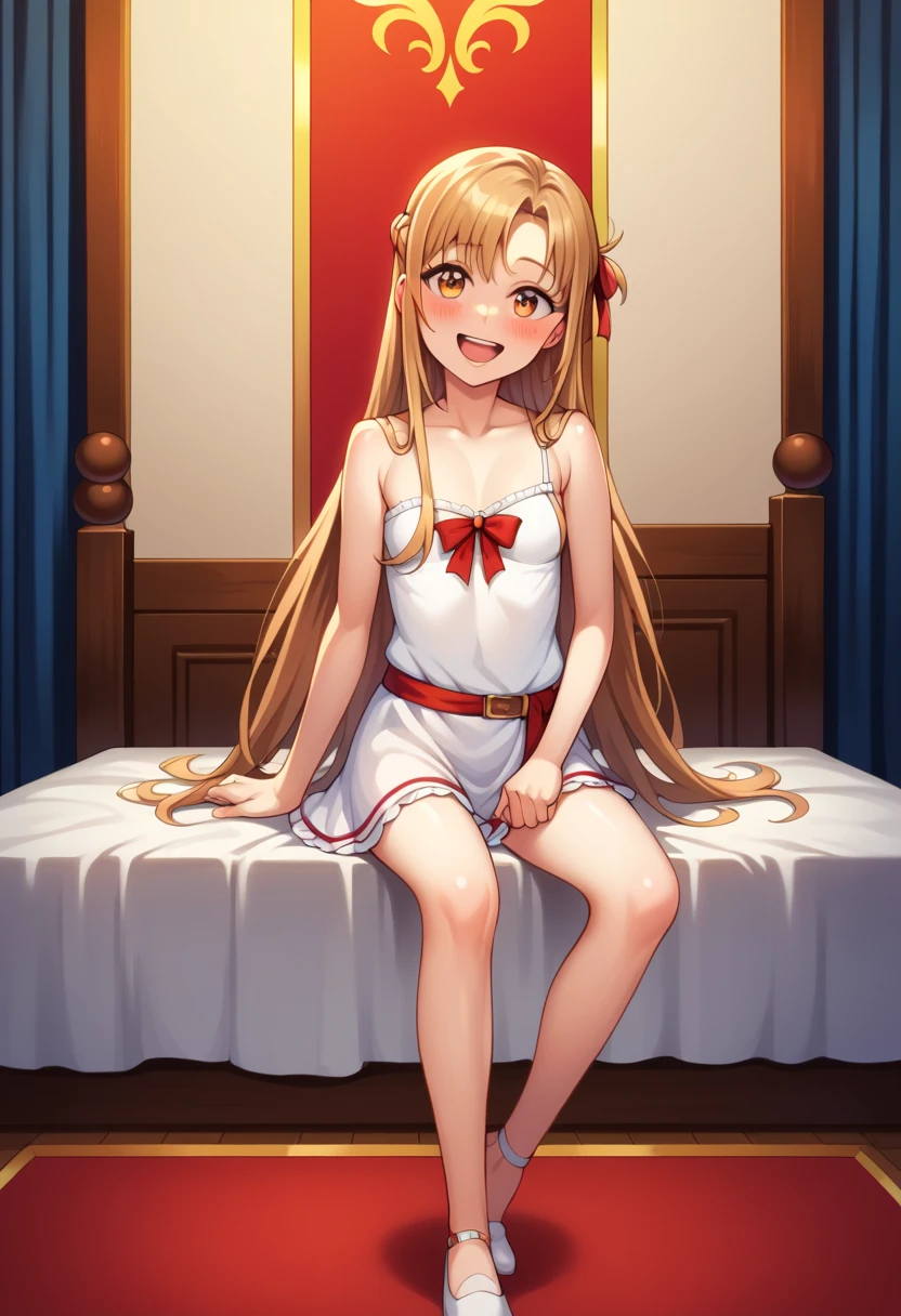 (( best quality)), ((masterpiece)), (be familiar with),  perfect face, indoor, bedroom,  watching viewers ,
One woman,  Asuna Yuki,
 characters with open mouth ,  ecstatic expression with hands in front of body, blush, smile,
Small breasts,  flat chested, Young girl, Lori,  ,  girl,
 long hair,  long hair,
Leg spread,