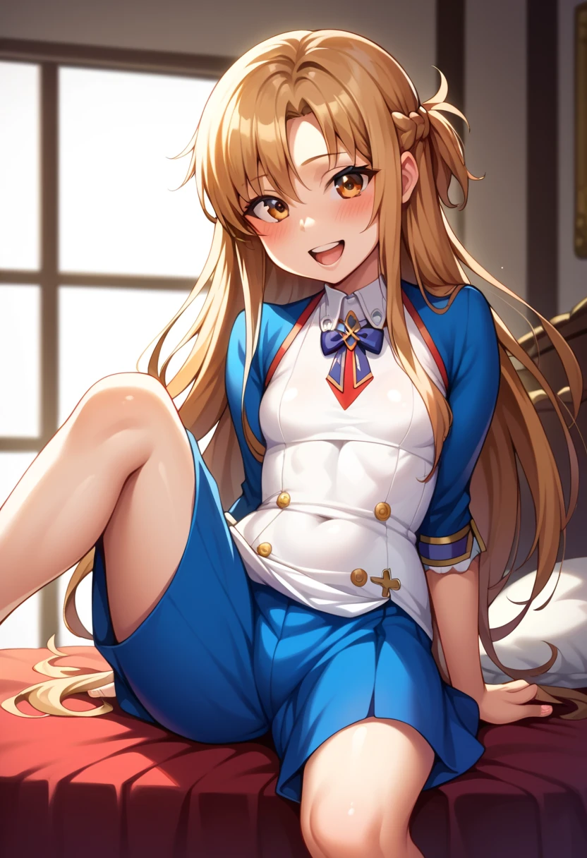 (( best quality)), ((masterpiece)), (be familiar with),  perfect face, indoor, bedroom,  watching viewers ,
One woman,  Asuna Yuki,
 characters with open mouth ,  ecstatic expression with hands in front of body, blush, smile,
Small breasts,  flat chested, Young girl, Lori,  kids,  girl,
 long hair,  long hair,
Leg spread,