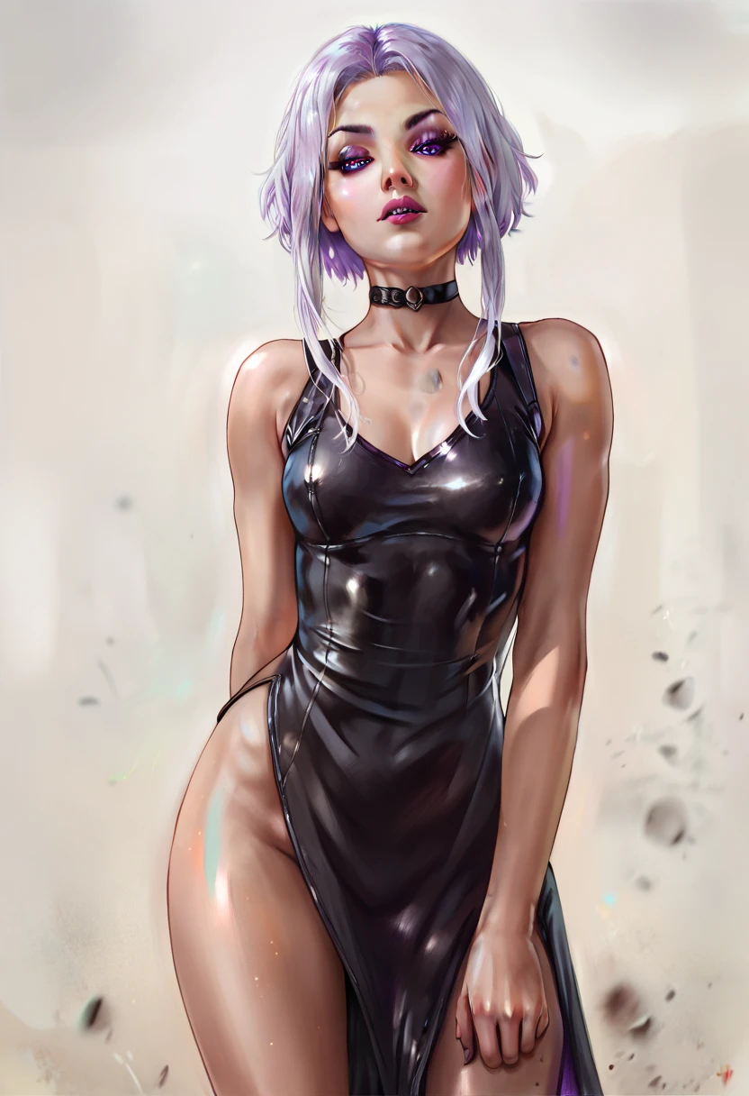 score_9, score_8_up, score_7_up, score_6_up, score_5_up, score_4_up, BREAK 1girl, long white hair, purple eyes, long eyelashes, half-closed eyes, black choker, adult, black eyeliner looking at viewer, BREAK solo, bent over, from below, large, adult, skinny, thigh gap, black dress outfit, BREAK (white background:1.2), simple background, angled shot,
