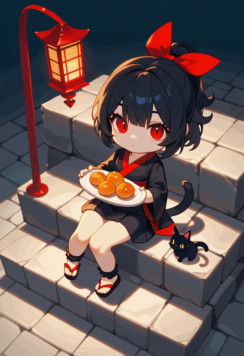 score_9, score_8_above, score_7_above, score_6_above, score_5_above, score_4_above, source_animated, (animated), chibi style,  2D artwork , 1chica junkotvvxl black cat ,  black hair, red eyes, cat eyes, RED RIBBON, kimono, (holding a baguette),  Sitting on stone steps, Stone lamp ,  Simple background,  Simplification  