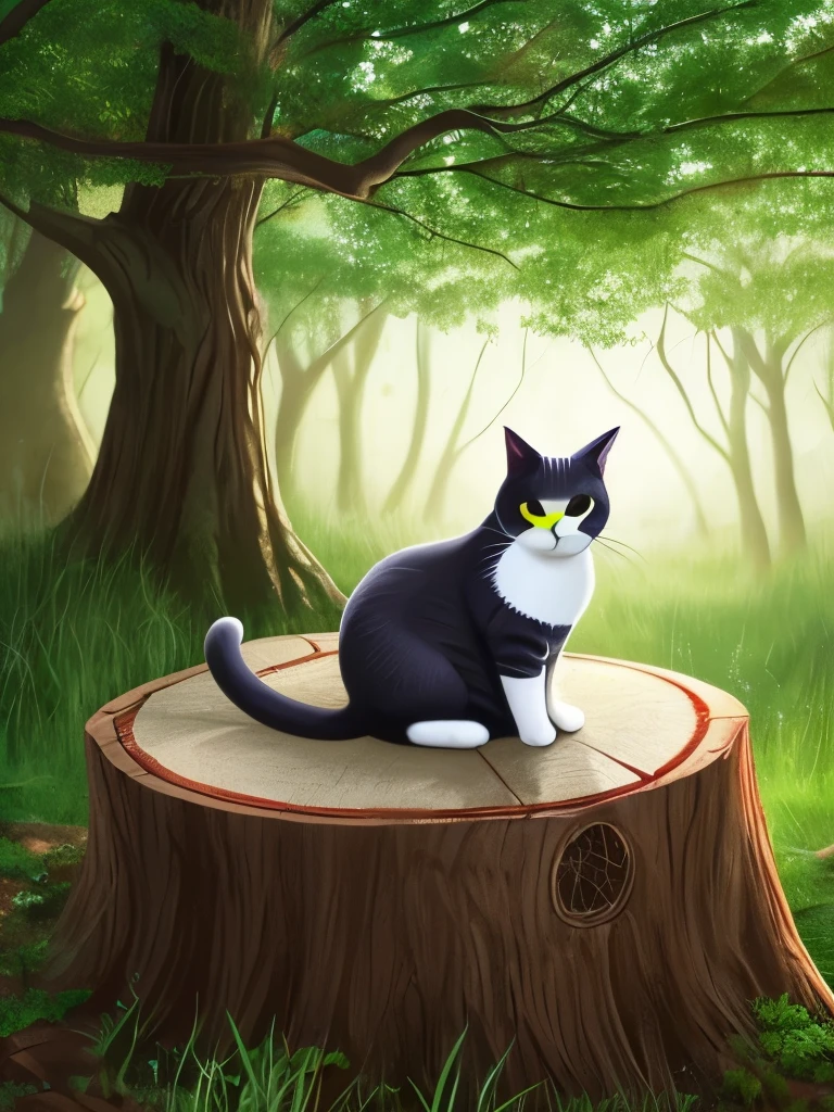 painting of a cat sitting on a tree stump in a forest, cat in the forest, sitting in a colorful forest, in a magical forest, in the magical forest, by Yang J, magical forest, detailed painting 4 k, magical colors and atmosphere, warrior cats fan art, dreamy art, wow it is beautiful, magical environment, jen bartel, warrior cats