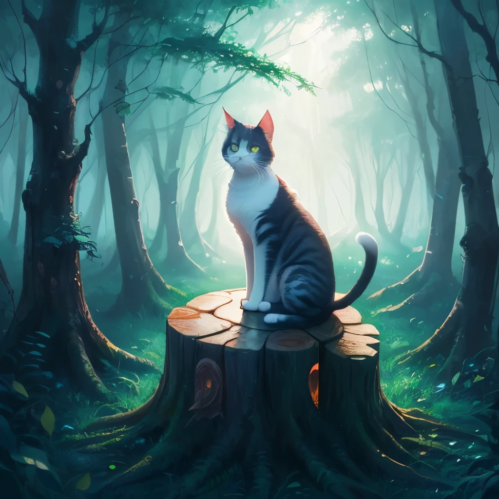 painting of a cat sitting on a tree stump in a forest, cat in the forest, sitting in a colorful forest, in a magical forest, in the magical forest, by Yang J, magical forest, detailed painting 4 k, magical colors and atmosphere, warrior cats fan art, dreamy art, wow it is beautiful, magical environment, jen bartel, warrior cats