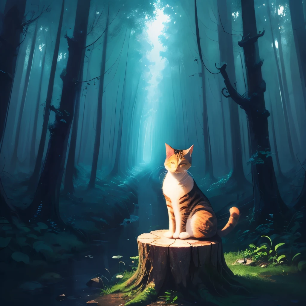 painting of a cat sitting on a tree stump in a forest, cat in the forest, sitting in a colorful forest, in a magical forest, in the magical forest, by Yang J, magical forest, detailed painting 4 k, magical colors and atmosphere, warrior cats fan art, dreamy art, wow it is beautiful, magical environment, jen bartel, warrior cats