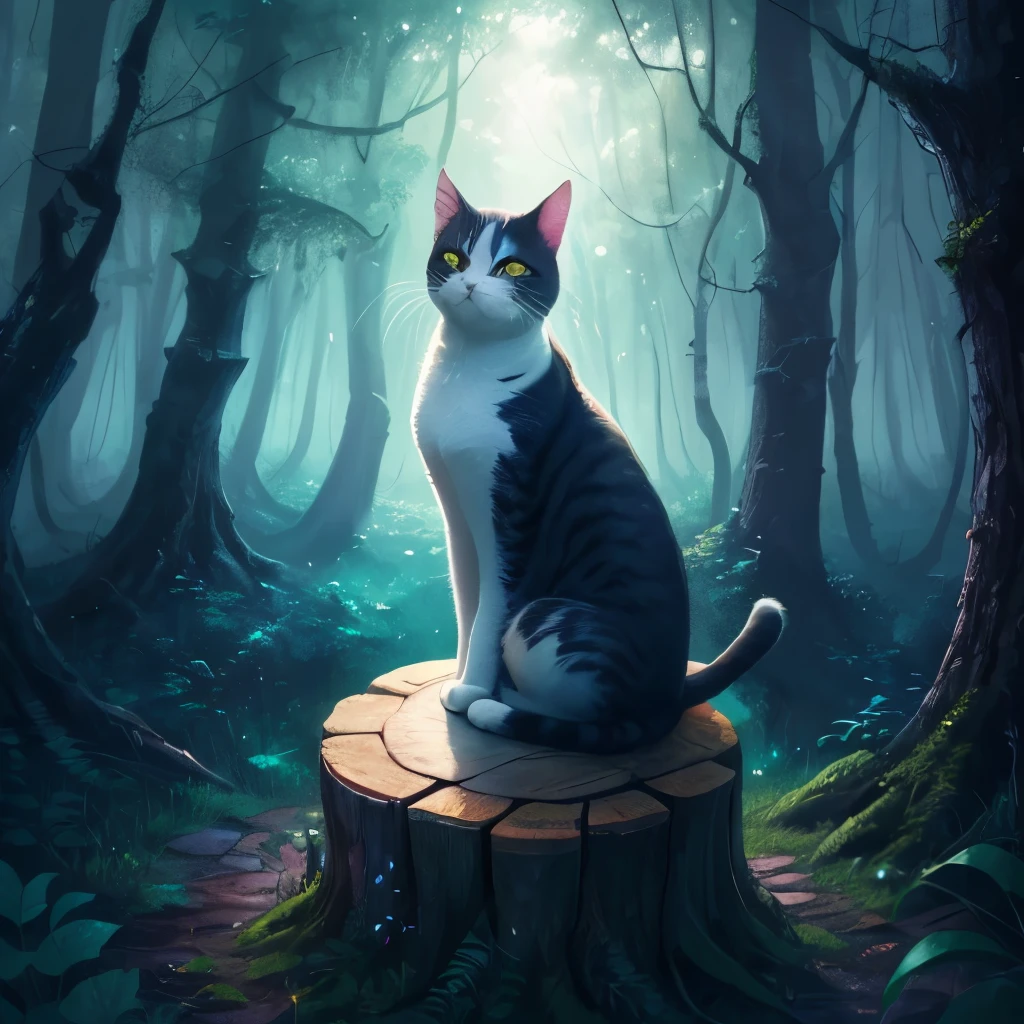 painting of a cat sitting on a tree stump in a forest, cat in the forest, sitting in a colorful forest, in a magical forest, in the magical forest, by Yang J, magical forest, detailed painting 4 k, magical colors and atmosphere, warrior cats fan art, dreamy art, wow it is beautiful, magical environment, jen bartel, warrior cats