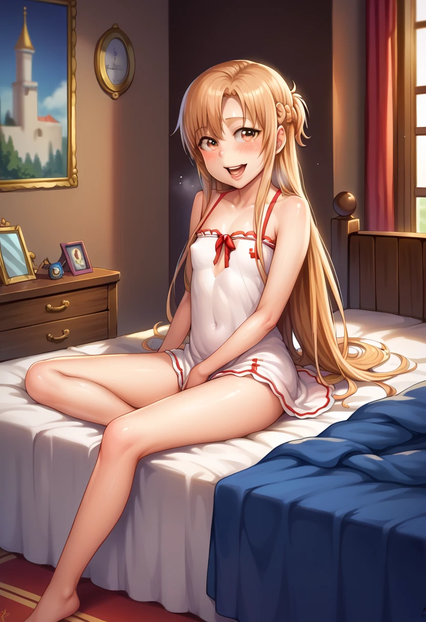 (( best quality)), ((masterpiece)), (be familiar with),  perfect face, indoor, bedroom,  watching viewers ,
One woman,  Asuna Yuki,
 characters with open mouth ,  ecstatic expression with hands in front of body, blush, smile,
Small breasts,  flat chested, Young girl, Lori,  kids,  girl,
 long hair,  long hair,
Leg spread,