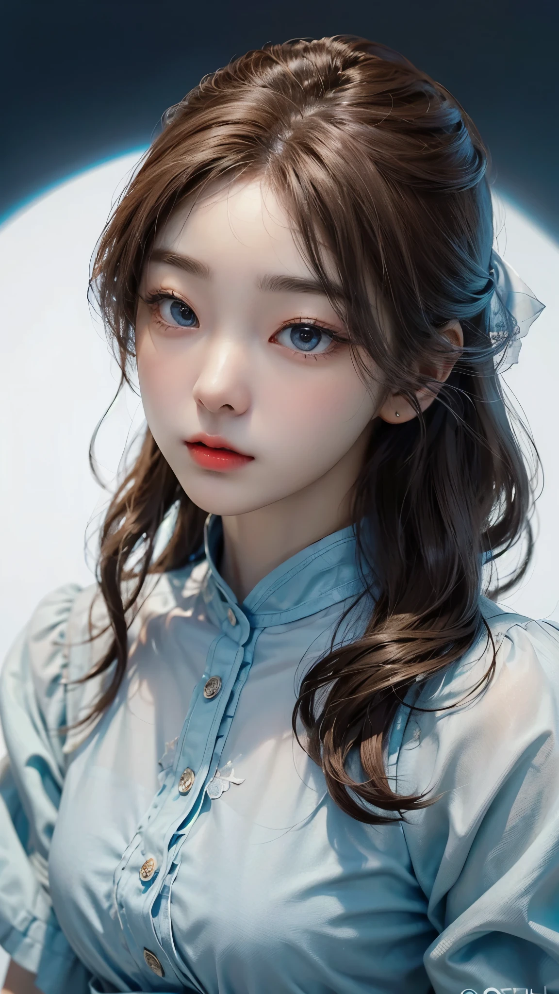 (8k、masterpiece, Highest quality, High resolution,Super Resolution,Very detailed)、1 Girl、()、Round face、slim、(Flat Body:1.45)、cute、 (Close up face shot:1.23)、White shirt with blue tie、Fantasy、、(Chiaroscuro:1.3)、