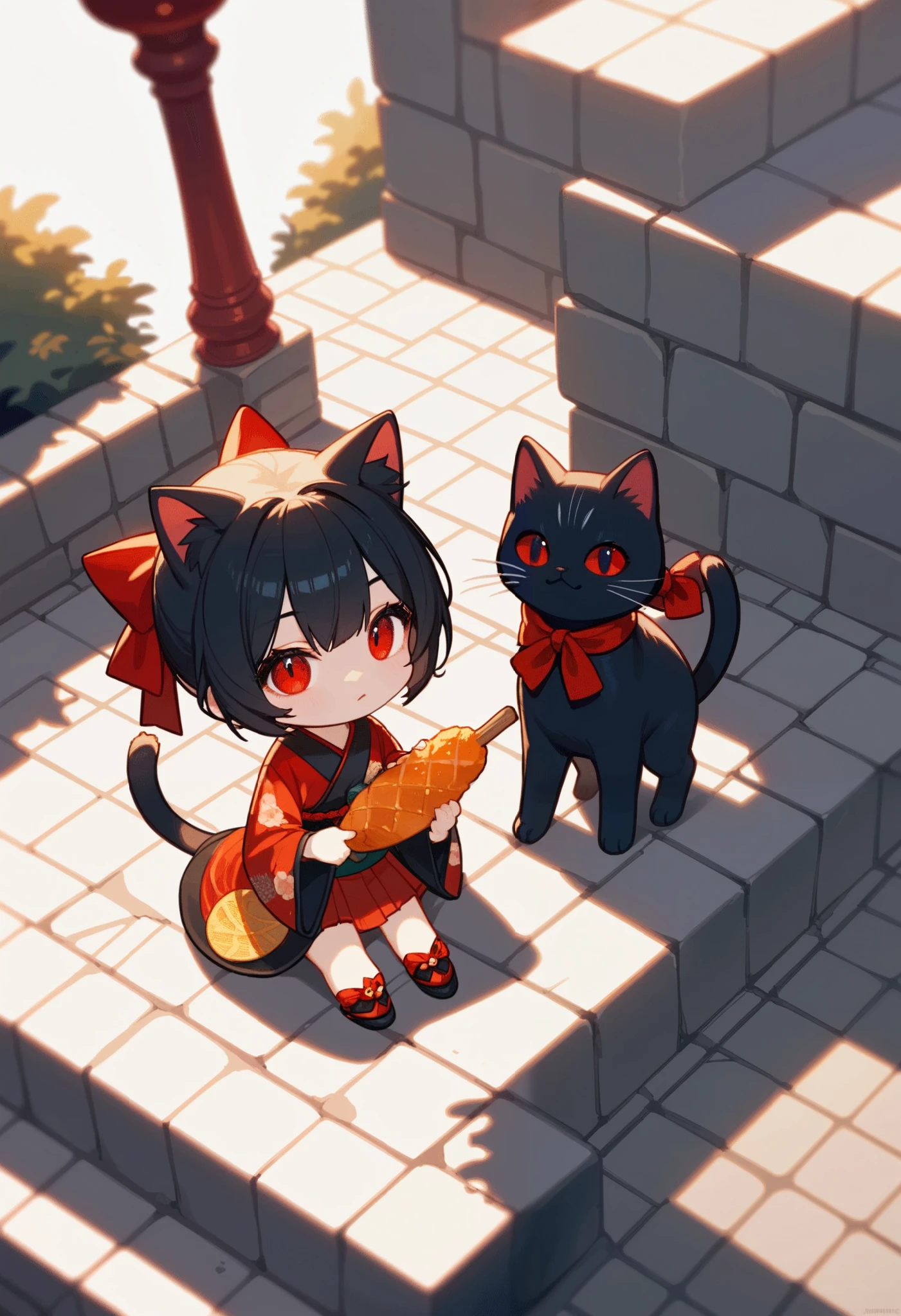 score_9, score_8_above, score_7_above, score_6_above, score_5_above, score_4_above, source_animated, (animated), chibi style,  2D artwork , 1chica junkotvvxl black cat ,  black hair, red eyes, cat eyes, RED RIBBON, kimono, (holding a baguette),  Sitting on stone steps, Stone lamp ,  Simple background,  Simplification  