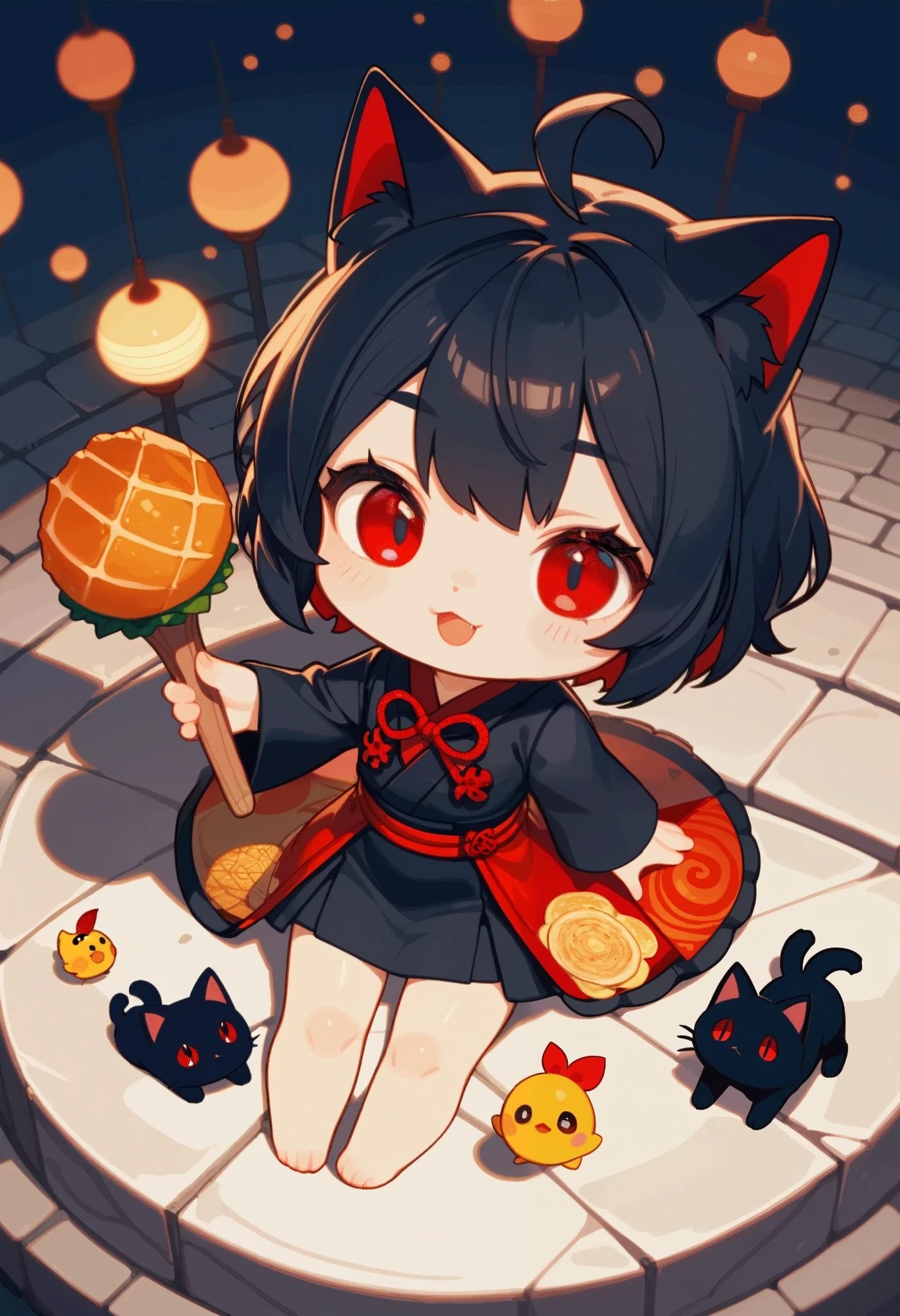 score_9, score_8_above, score_7_above, score_6_above, score_5_above, score_4_above, source_animated, (animated), chibi style,  2D artwork , 1chica junkotvvxl black cat ,  black hair, red eyes, cat eyes, RED RIBBON, kimono, (holding a baguette),  Sitting on stone steps, Stone lamp ,  Simple background,  Simplification  