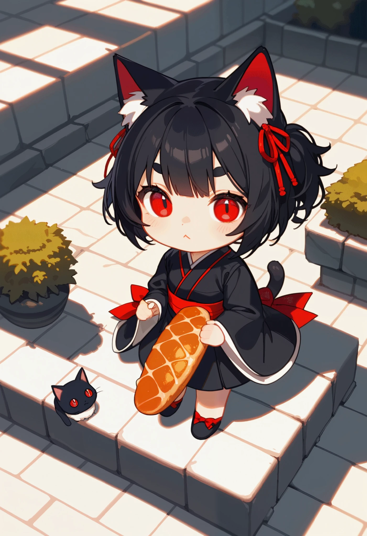 score_9, score_8_above, score_7_above, score_6_above, score_5_above, score_4_above, source_animated, (animated), chibi style,  2D artwork , 1chica junkotvvxl black cat ,  black hair, red eyes, cat eyes, RED RIBBON, kimono, (holding a baguette),  Sitting on stone steps, Stone lamp ,  Simple background,  Simplification  