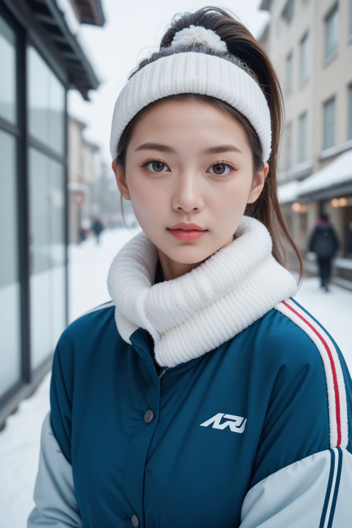 Full-body portrait of a Japanese woman with a ponytail, dressed in a sporty winter outfit, posing confidently, clear facial features, suitable for a winter issue of a fashion magazine.