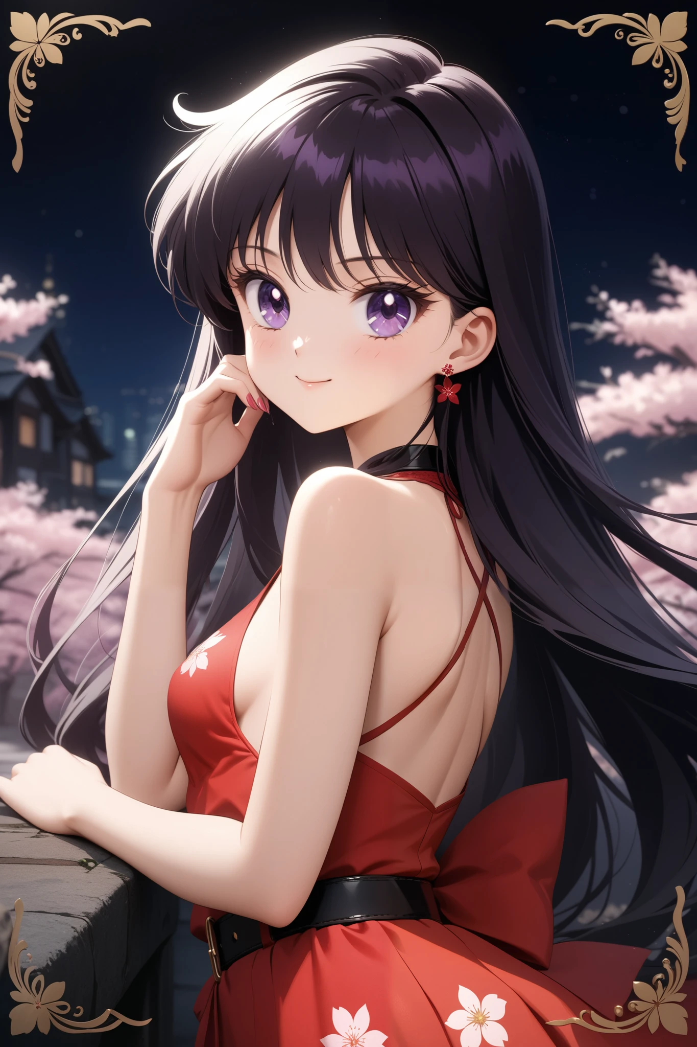 (masterpiece, best quality, very aesthetic , ultra detailed), intriguing details , 4K, long hair, black hair, hair combed to the side, earrings, purple eyes, small breast, hand on own face, 1girl, usagi's birthday, cute red dress with neck, white cherry blossoms printed, smile, black belt, detailed background, intricate details, black night, Various sexy poses, Depicts the whole body