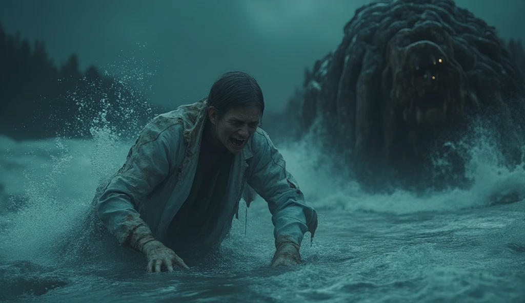 Dr. Evelyn Kane being pulled into the sea by the monstrous creature. The water surges violently, rising up in great waves as the creature’s tendrils wrap around her legs. Her face is filled with fear and desperation as she tries to scream, but the water rushes into her mouth, silencing her. The creature’s dark, massive form looms beneath the surface, its eyes glowing with an ancient hunger as it drags her into the abyss. The storm rages around them, as the town of Angler’s Reach is swallowed by the depths.