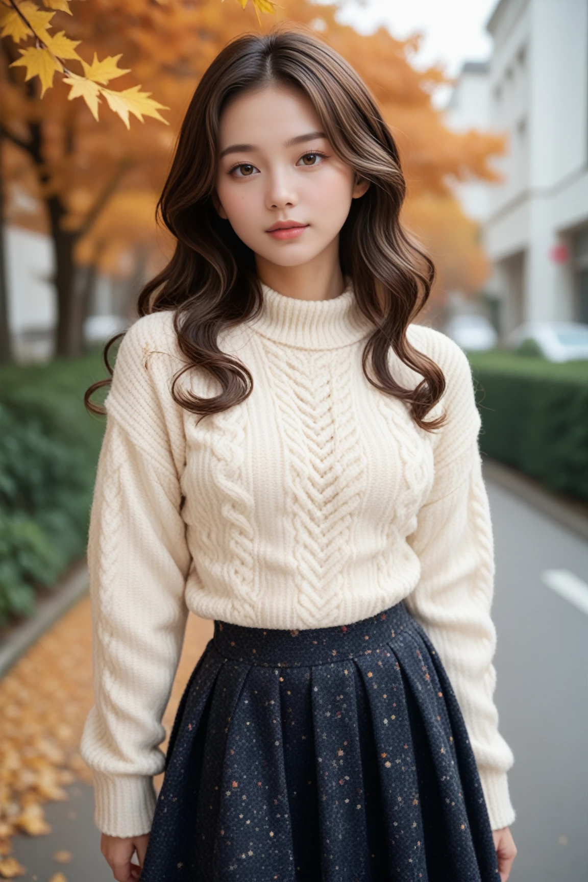 A romantic full-body portrait of a Japanese fashion model with wavy brown hair, dressed in a soft knitted sweater and skirt for autumn, looking serene, ideal for a fashion magazine.