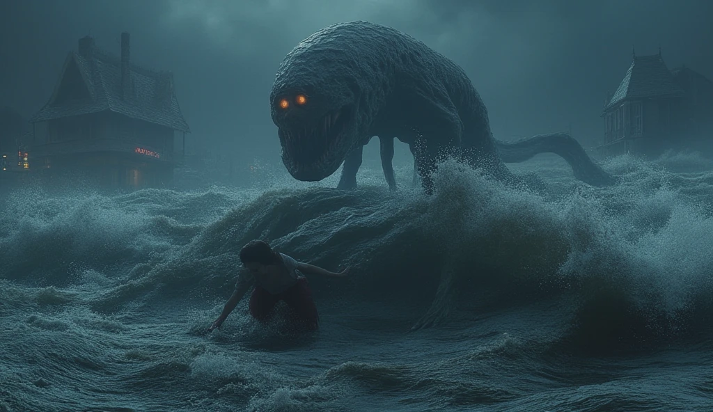 Dr. Evelyn Kane being pulled into the sea by the monstrous creature. The water surges violently, rising up in great waves as the creature’s tendrils wrap around her legs. Her face is filled with fear and desperation as she tries to scream, but the water rushes into her mouth, silencing her. The creature’s dark, massive form looms beneath the surface, its eyes glowing with an ancient hunger as it drags her into the abyss. The storm rages around them, as the town of Angler’s Reach is swallowed by the depths.