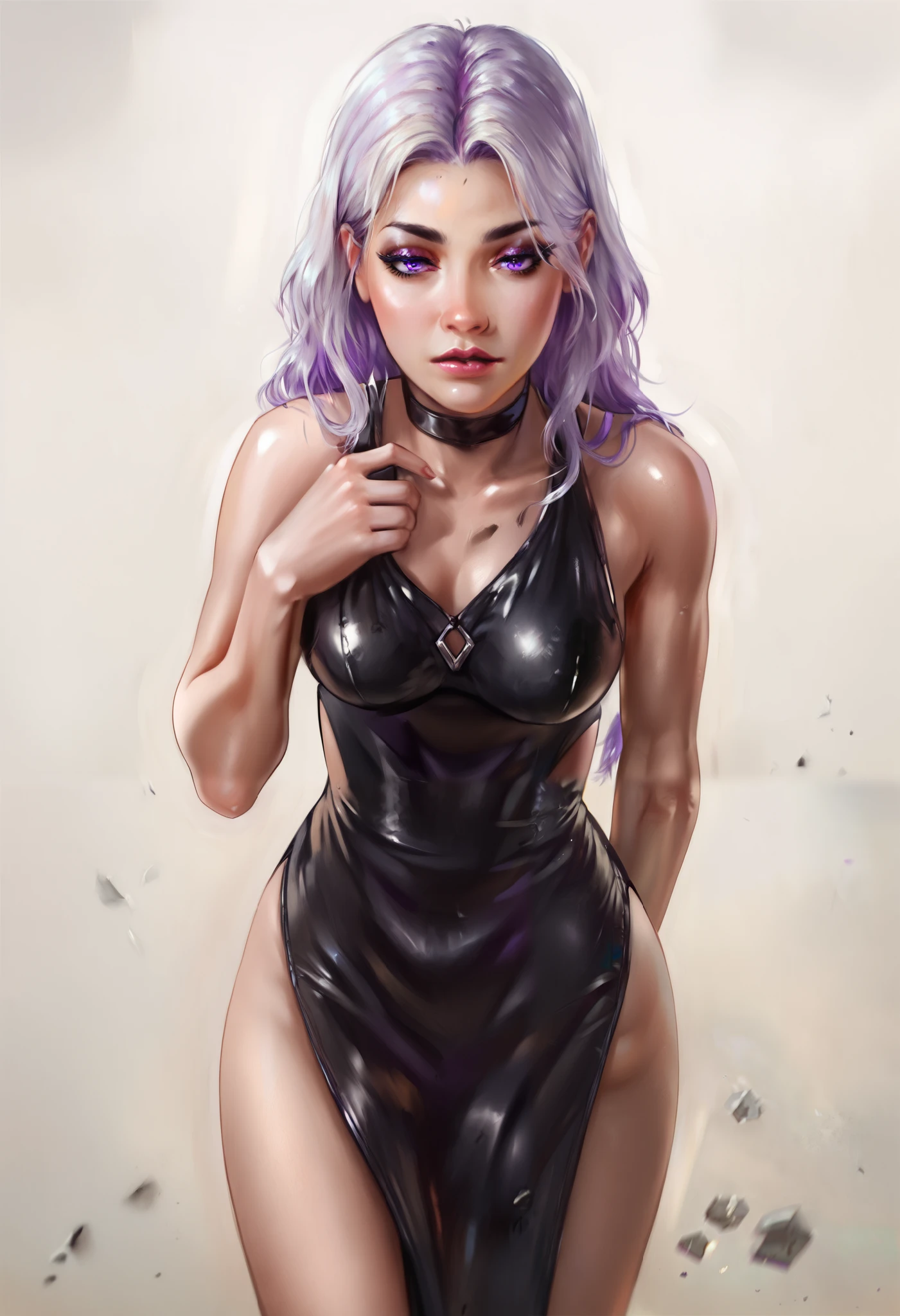 score_9, score_8_up, score_7_up, score_6_up, score_5_up, score_4_up, BREAK 1girl, long white hair, purple eyes, long eyelashes, half-closed eyes, black choker, adult, black eyeliner looking at viewer, BREAK solo, bent over, from below, large, adult, skinny, thigh gap, black dress outfit, BREAK (white background:1.2), simple background, angled shot,
