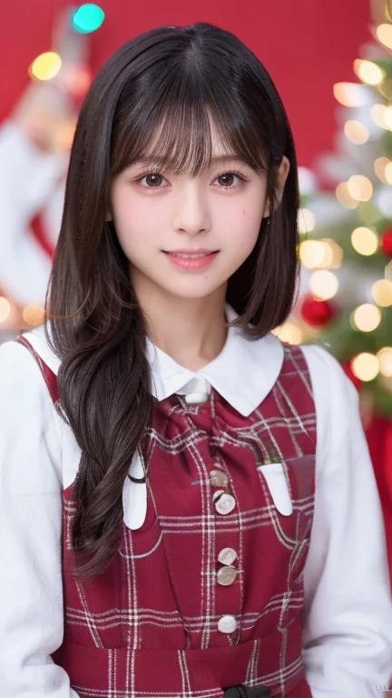 (masterpiece, Best Quality, Perfect Anatomy, highres, 8k, realistic, photorealistic:1.2), One Girl, solo, Japanese, age20, jp idol, parted lips, standing, Christmas image, red background, from front, looking at viewer, photographic lighting, half shot 