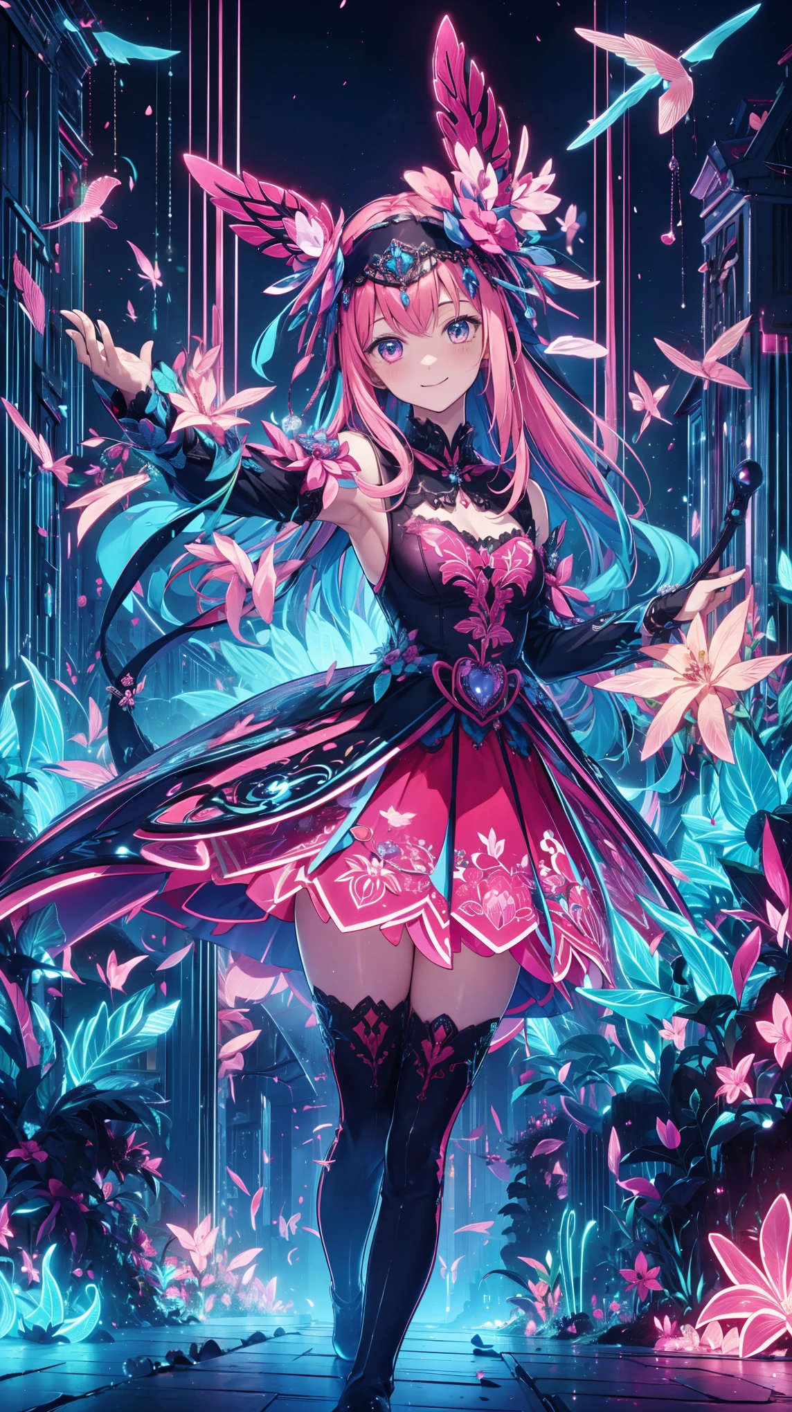 anime style、story、、 Beautiful Girl、とても cute天使、 pink gothic dress 、 cute、 girl、Charm、 Smile、 Long skirt 、 black boots 、Very cute headband