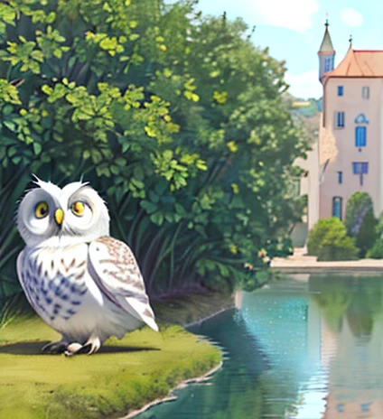 Detailed watercolor landscape painting ,  Pastel Colors ,((cute，White Owl:1.2)),((Medieval European cities reflected on the surface of the water))， Faint Clouds , Warm Sunlight , Mysterious atmosphere,  gentle brush strokes, Dreamlike quality, masterpiece, 8k,  high definition , Photographically，