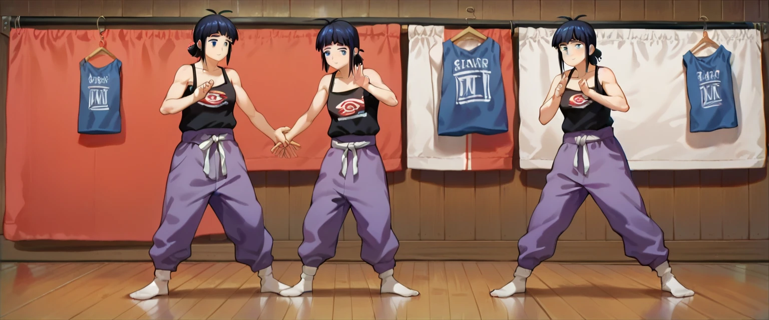 (Caucasian ethnicity) masterpiece, 4k,  lyrics, love, barefoot, 2 women,  sitting on the floor  ,Purple Pants,  loose pants , plain pants,  martial arts pants,  big pants and black blouse,  bare shoulders , woman and her friend , Friend is sad ,  Hinata hugging her friend