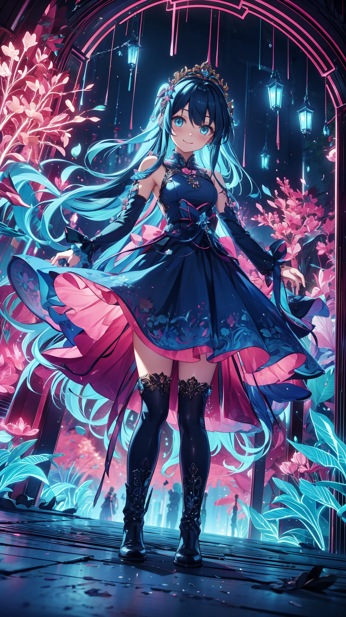 anime style、story、、 Beautiful Girl、とても cute天使、 pink gothic dress 、 cute、 girl、Charm、 Smile、 Long skirt 、 black boots 、Very cute headband