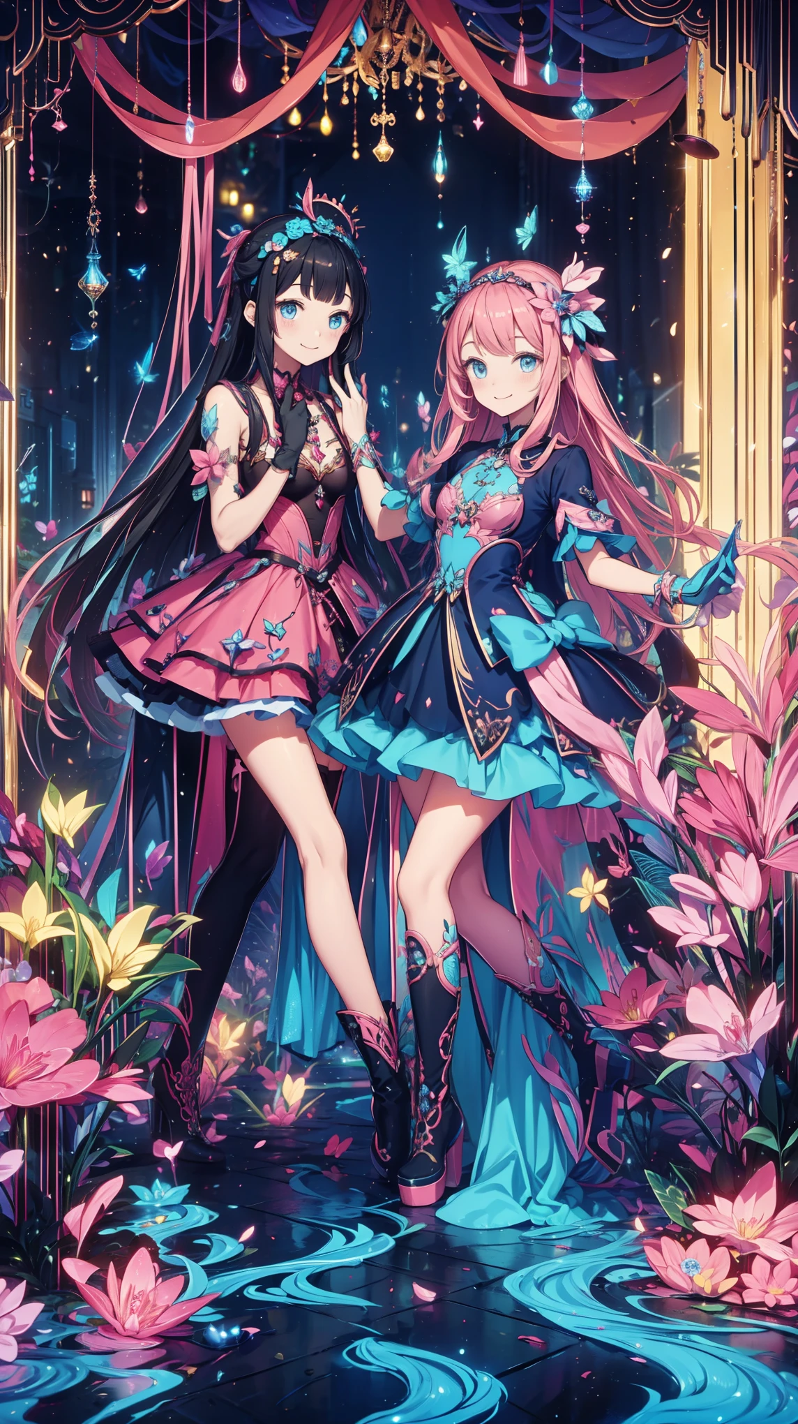 anime style、story、、 Beautiful Girl、とても cute天使、 pink gothic dress 、 cute、 girl、Charm、 Smile、 Long skirt 、 black boots 、Very cute headband