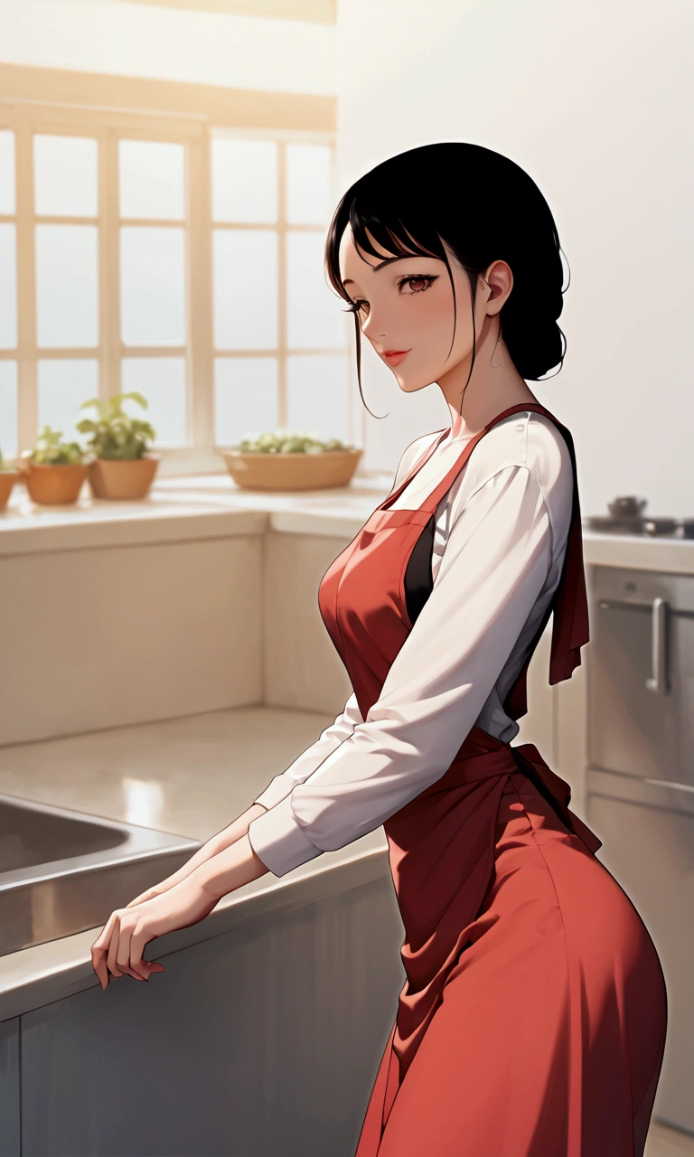(masterpiece:1.2), (best quality:1.2), (extremely detailed:1.2), 1girl, cowboy shot, muscular body, leaning on counter, (view from behind), showing pantie,
<lora:yor_forger_v1:0.8>, bbyorf, long hair, white hairband, red eyes, gold earrings, large breasts, jewelry, off shoulder, red sweater, sweater dress, long sleeves, black pantyhose,
in the kitchen,
