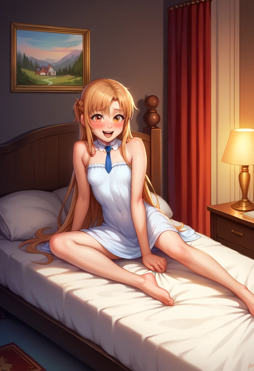 (( best quality)), ((masterpiece)), (be familiar with),  perfect face, indoor, bedroom,  watching viewers ,
One woman,  Asuna Yuki,
 characters with open mouth ,  ecstatic expression with hands in front of body, blush, smile,
Small breasts,  flat chested, Young girl, Lori,  kids,  girl,
 long hair,  long hair,
Leg spread,