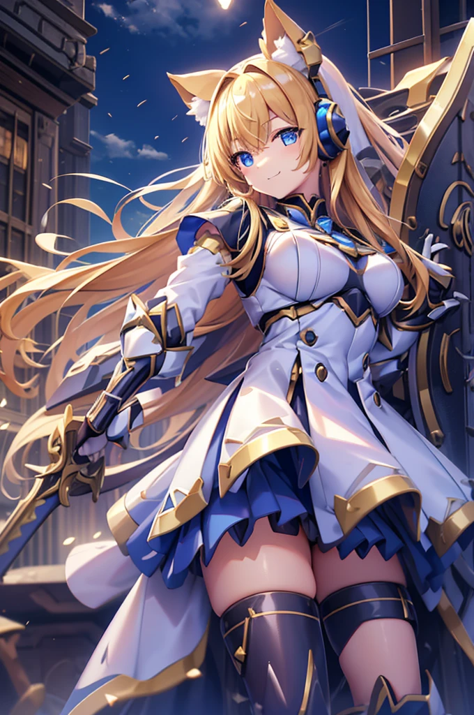  and smiles 、mecha wing、Thighs、tights、chest、 shiny blond hair、  1 girl、 solo girl 、Cat ears、 headset 、 headphones、idol dress、idol skirt、 light blue mini skirt、mecha girl、I have a white armor 、 I have a sword、sword、 has a shield、shield