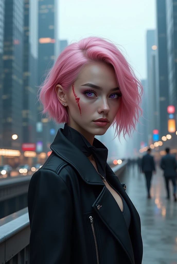 (cute pink haired beautiful cat girl), photography by [TJ Drysdale], detailed bustling vibrant [big city] background, warm, windy, harmful atmosphere, menacing skies, (detailed face), detailed eyes, ((experimental architecture)), (avant-garde)