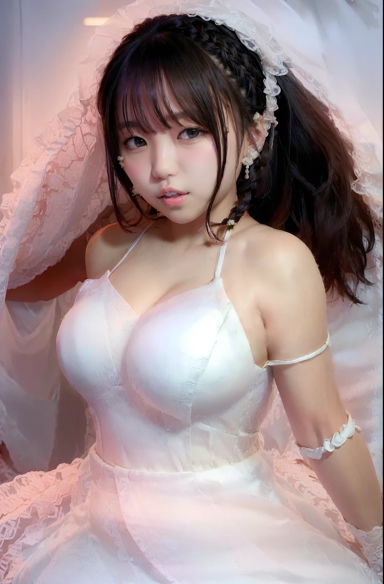 absurderes:2.0、(Blush、from above:1.3,  sitting、full body)、japanese actress、solo, realistic, Unity 8K Wallpaper, Masterpiece, Realistic face, Realistic skin feeling ,detailed hair, highly detailed, realistic glistening skin, light makeup, (wedding dress with voluminous skirt:1.6、curvy、big breasts, black eyes)、(church,)
