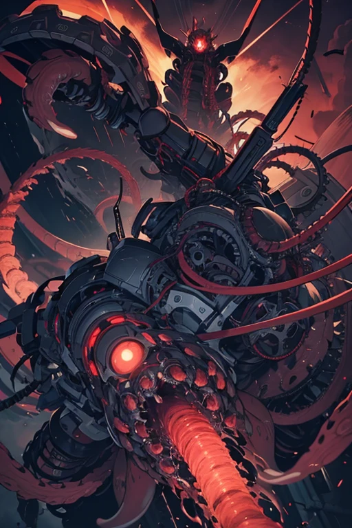 (((Masterpiece))), ((Best Quality)), (Super Detail), (CG Illustration), (Very Evil and Beautiful)), Cinematic Light, ((1 Mechanical Girl)), Single, (Mechanical Art: 1.4), ((Mechanical limb)), (Blood vessel attached to a tube), ((Mechanical spine attached to the back)), ((Mechanical cervical vertebrae attached to the neck), (Back to the viewer)), expressionless, ( Wires and cables attached to the head and body: 1.5), Science Fiction, Apocalypse, Ruins, (Lower Body Integrated with Mechanical Devices), (Blood: 1.5), Cruelty, Absurdity, Eroticism, Fusion with Machines, Doomsday Time, Super Future, Inorganic, Laboratory, Restraint, (Beautiful Indulgence: 1.2), (1 Girl: 1.3), Body Wrapped Around Mechanical Tentacles